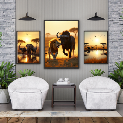 Lion vs. Buffalo Sahara Poster – Witness the Wild Drama of the Desert 🦁🐃🏜️