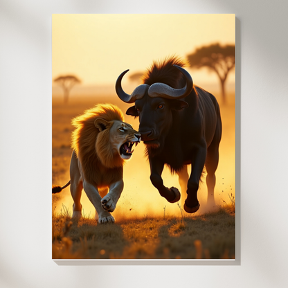 Lion vs. Buffalo Sahara Poster – Witness the Wild Drama of the Desert 🦁🐃🏜️