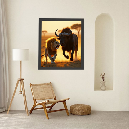 Lion vs. Buffalo Sahara Poster – Witness the Wild Drama of the Desert 🦁🐃🏜️