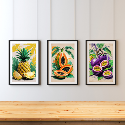 🖼️ Poster Bundle – Vintage Tropical Fruit Posters – Papaya, Pineapple & Passion Fruit Wall Art Set